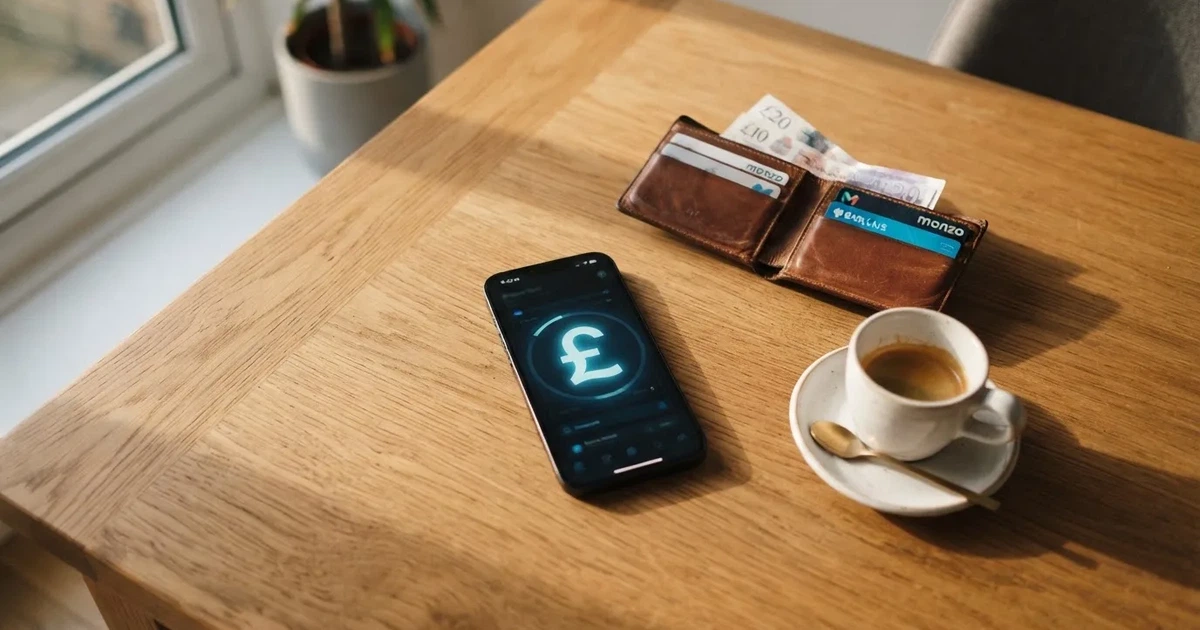 A smartphone on a wooden table beside a wallet and a coffee cup