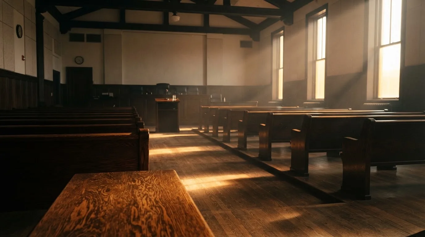 An empty courtroom with wooden benches in morning light