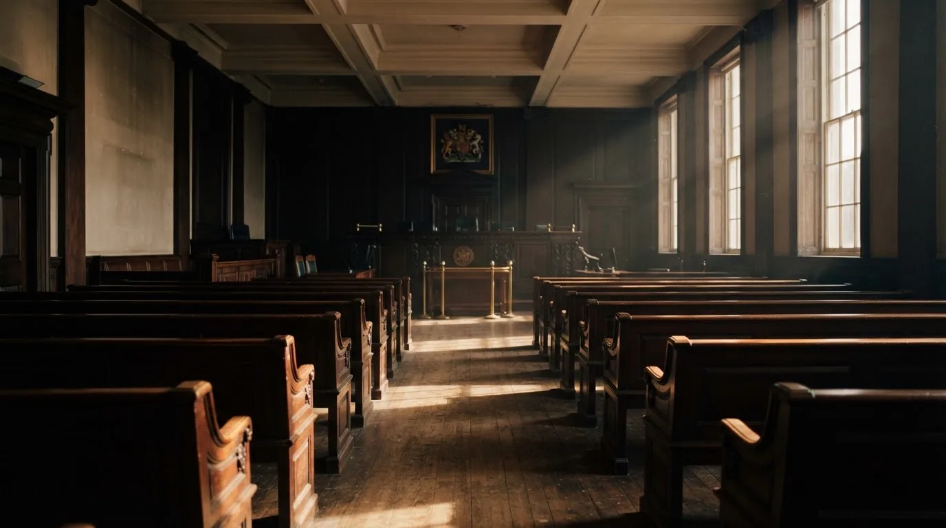 An empty courtroom with wooden benches in morning light