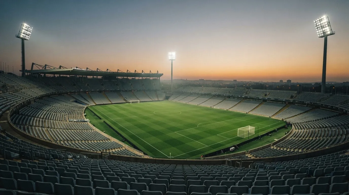 An empty football stadium with floodlight masts at dusk