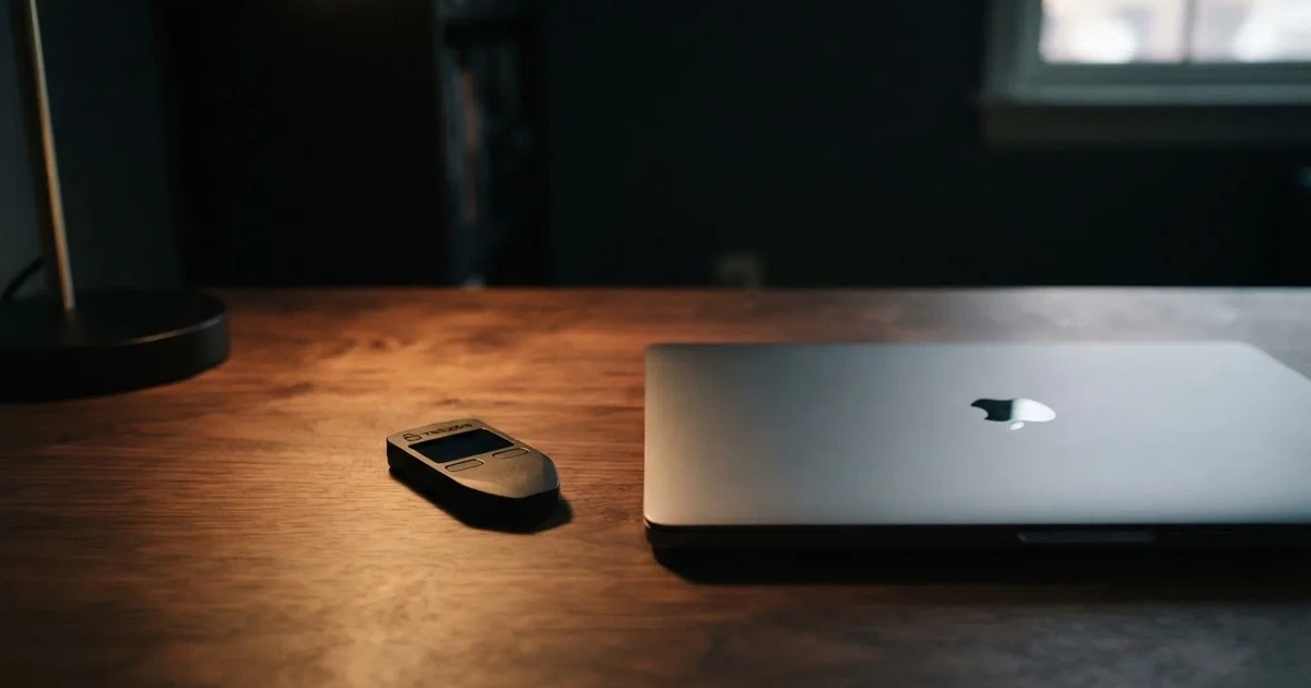 A hardware wallet and a closed laptop on a desk in dim light