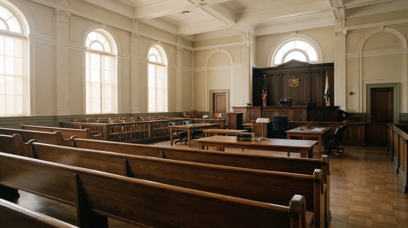 An empty courtroom with wooden benches in morning light