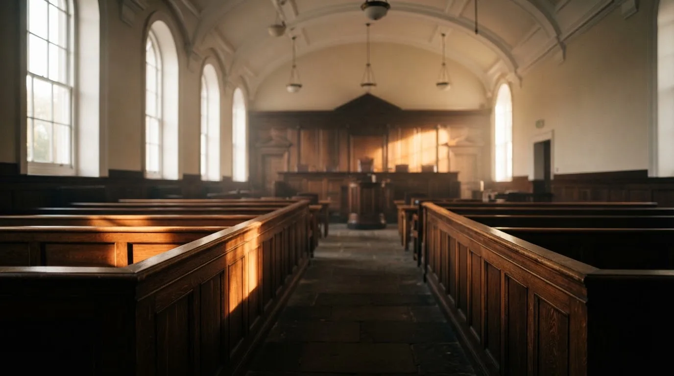 An empty courtroom with wooden benches in morning light