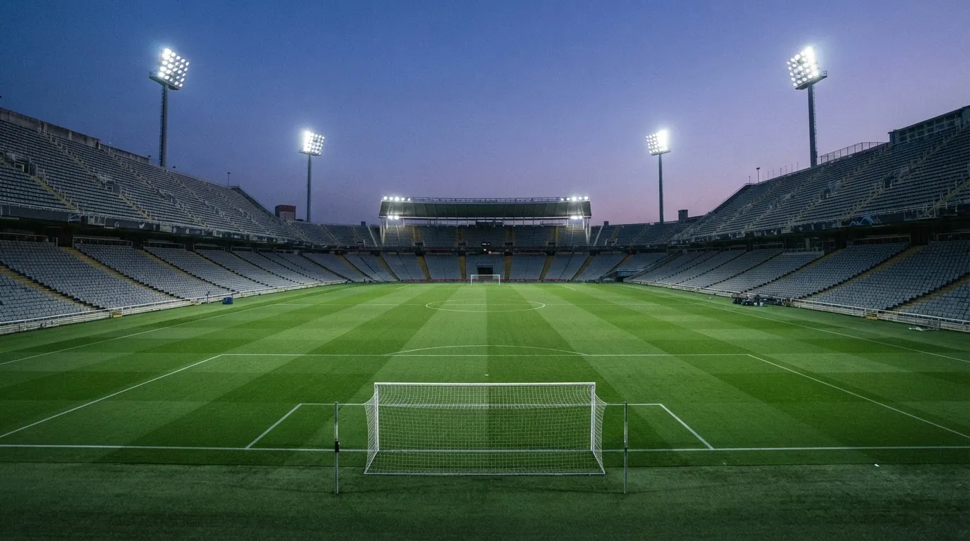 An empty football stadium with floodlight masts at dusk