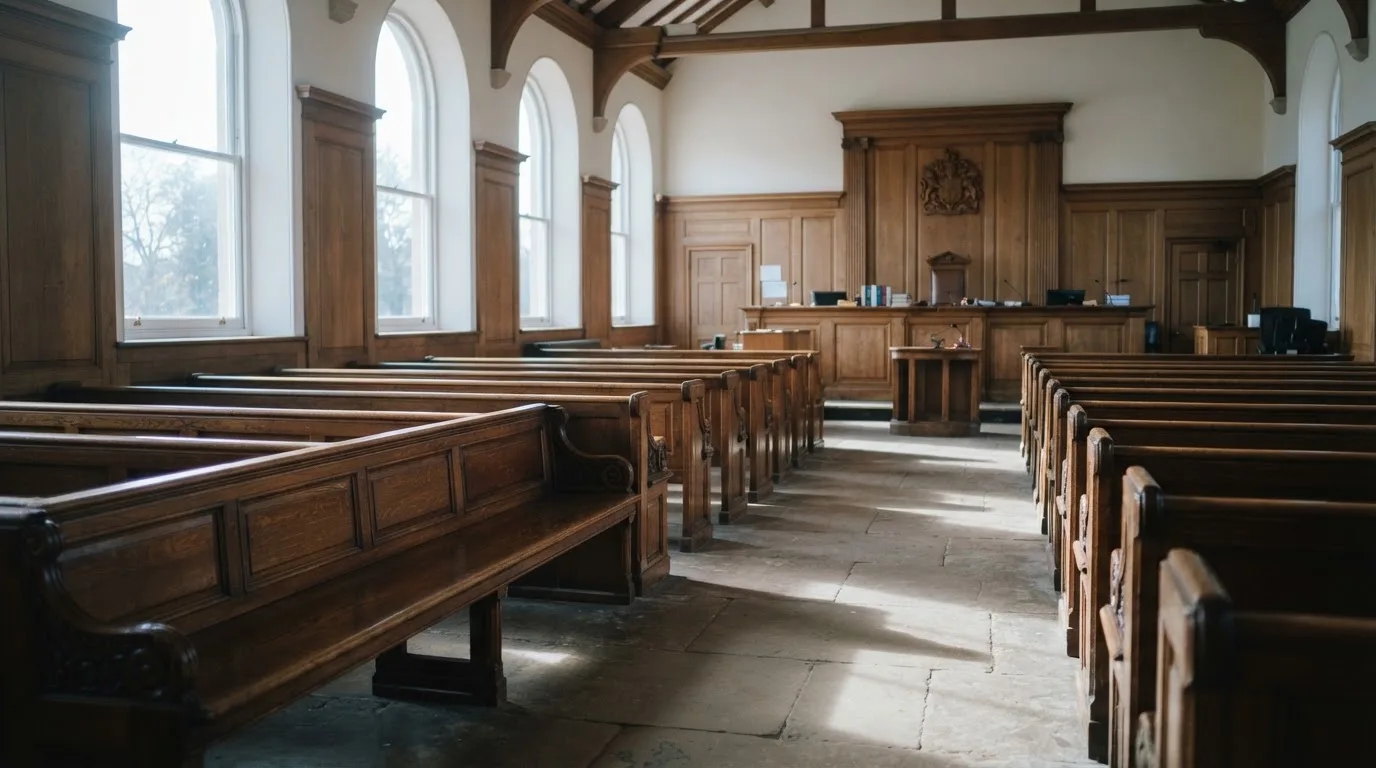 An empty courtroom with wooden benches in morning light