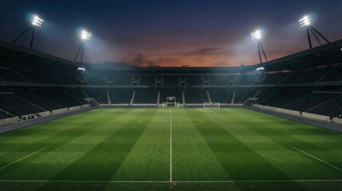 An empty football stadium with floodlight masts at dusk