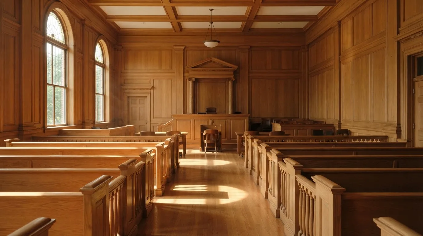 An empty courtroom with wooden benches in morning light