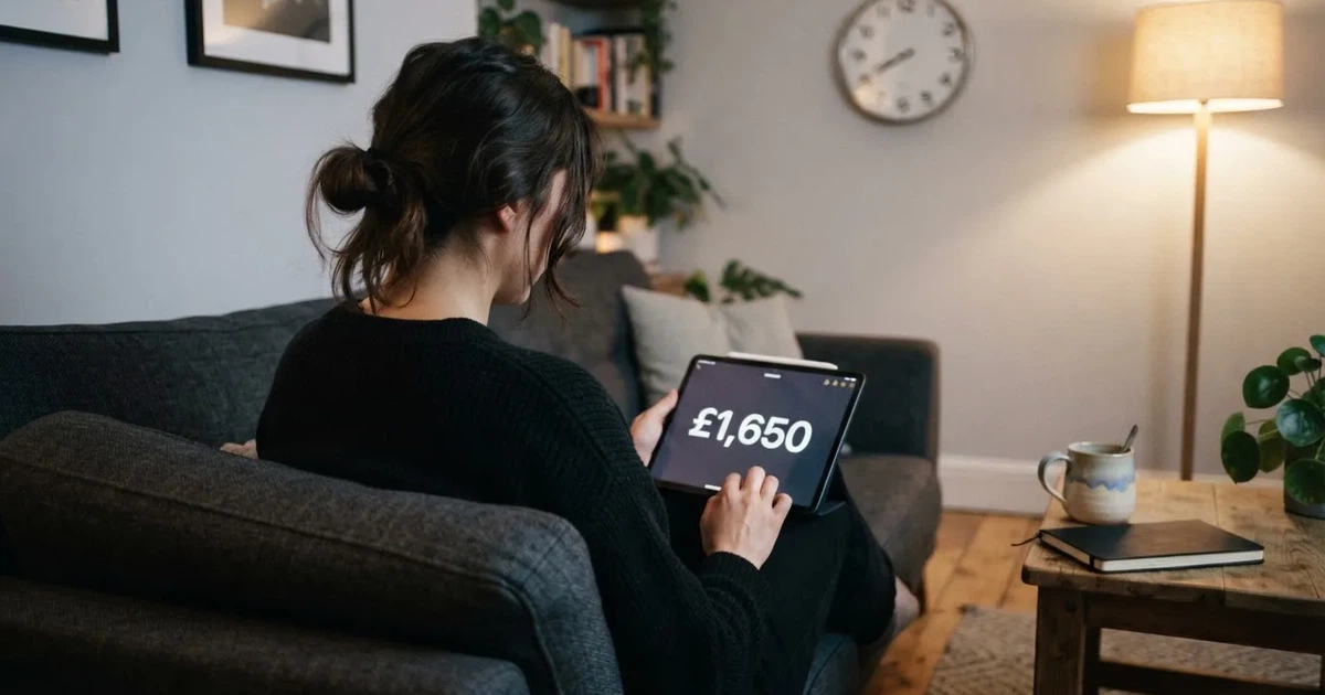 A person on a sofa looking thoughtfully at a tablet, a wall clock in the background