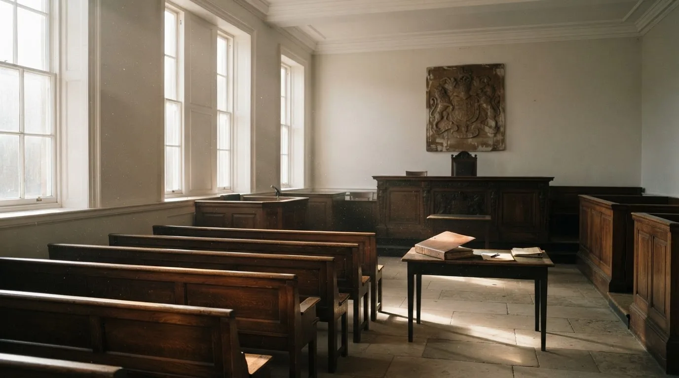 An empty courtroom with wooden benches in morning light