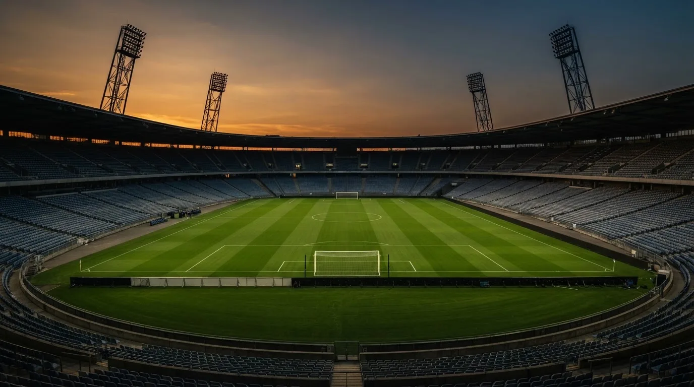 An empty football stadium with floodlight masts at dusk