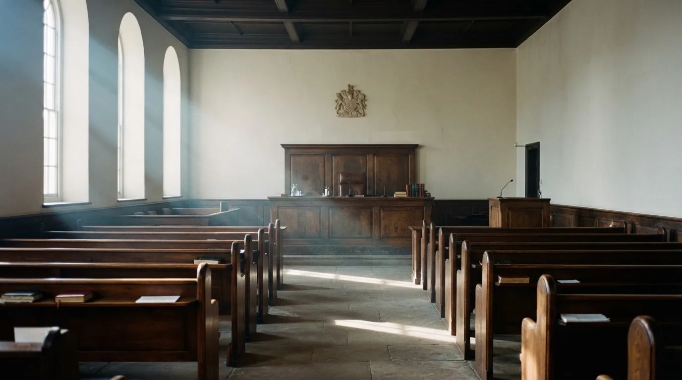 An empty courtroom with wooden benches in morning light