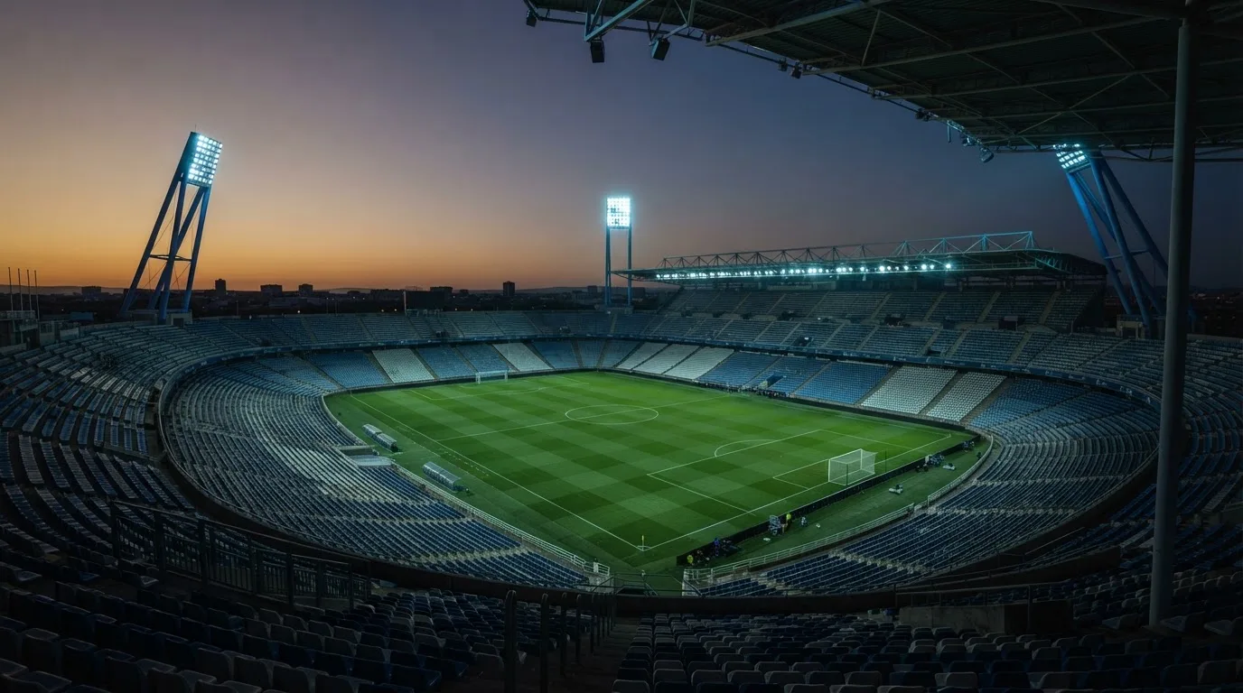 An empty football stadium with floodlight masts at dusk