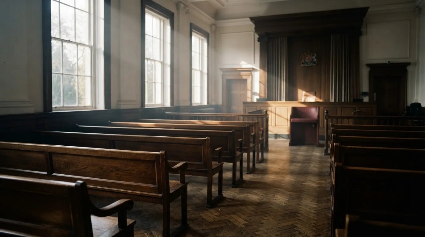 An empty courtroom with wooden benches in morning light