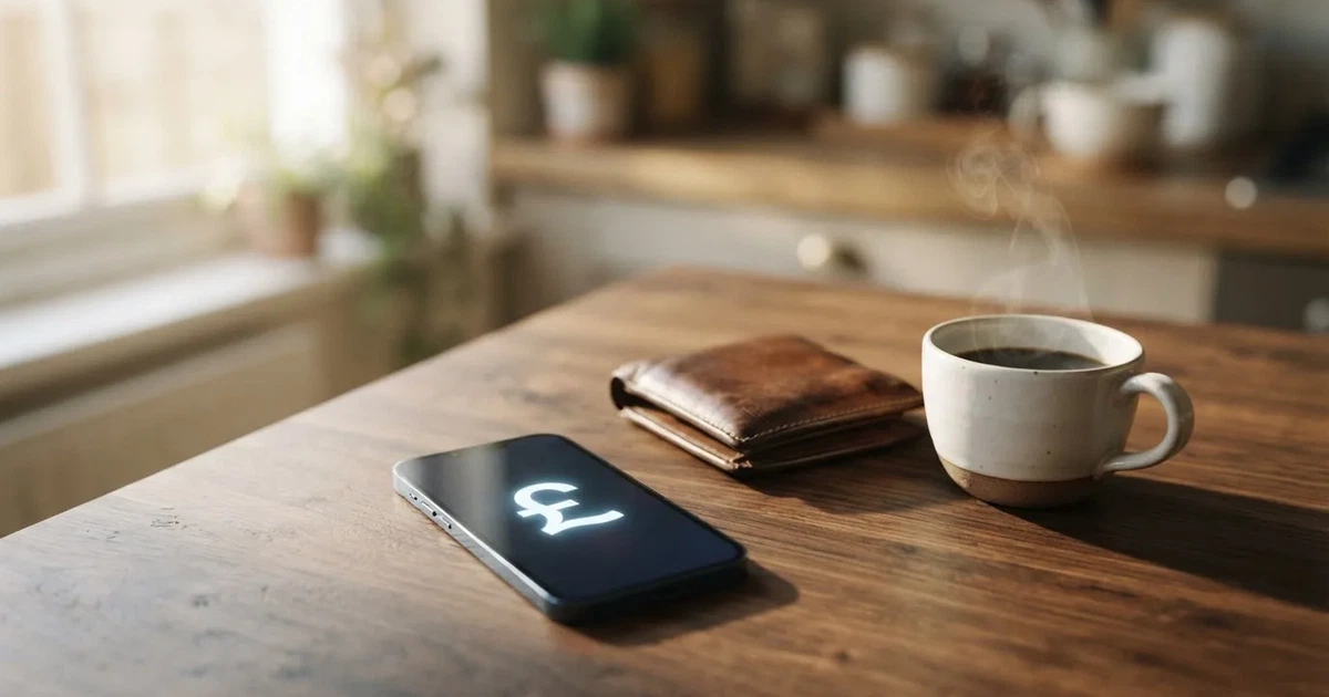 A smartphone on a wooden table beside a wallet and a coffee cup