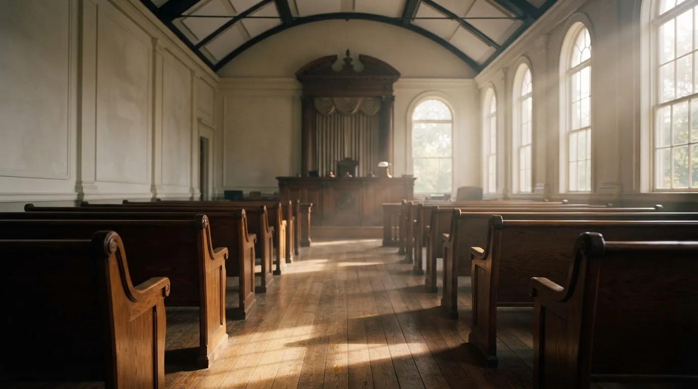An empty courtroom with wooden benches in morning light