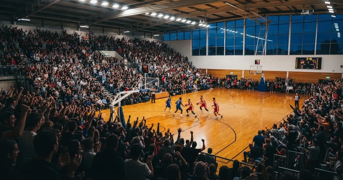 A packed sports hall under floodlights photographed from a long way off