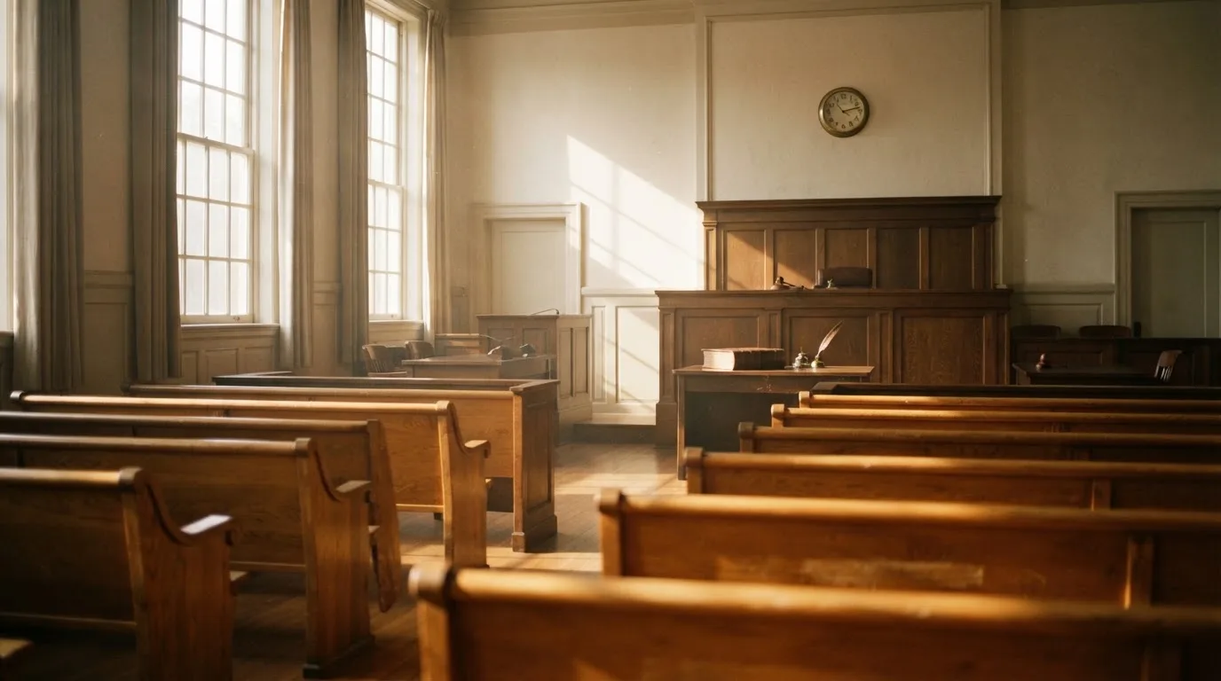 An empty courtroom with wooden benches in morning light