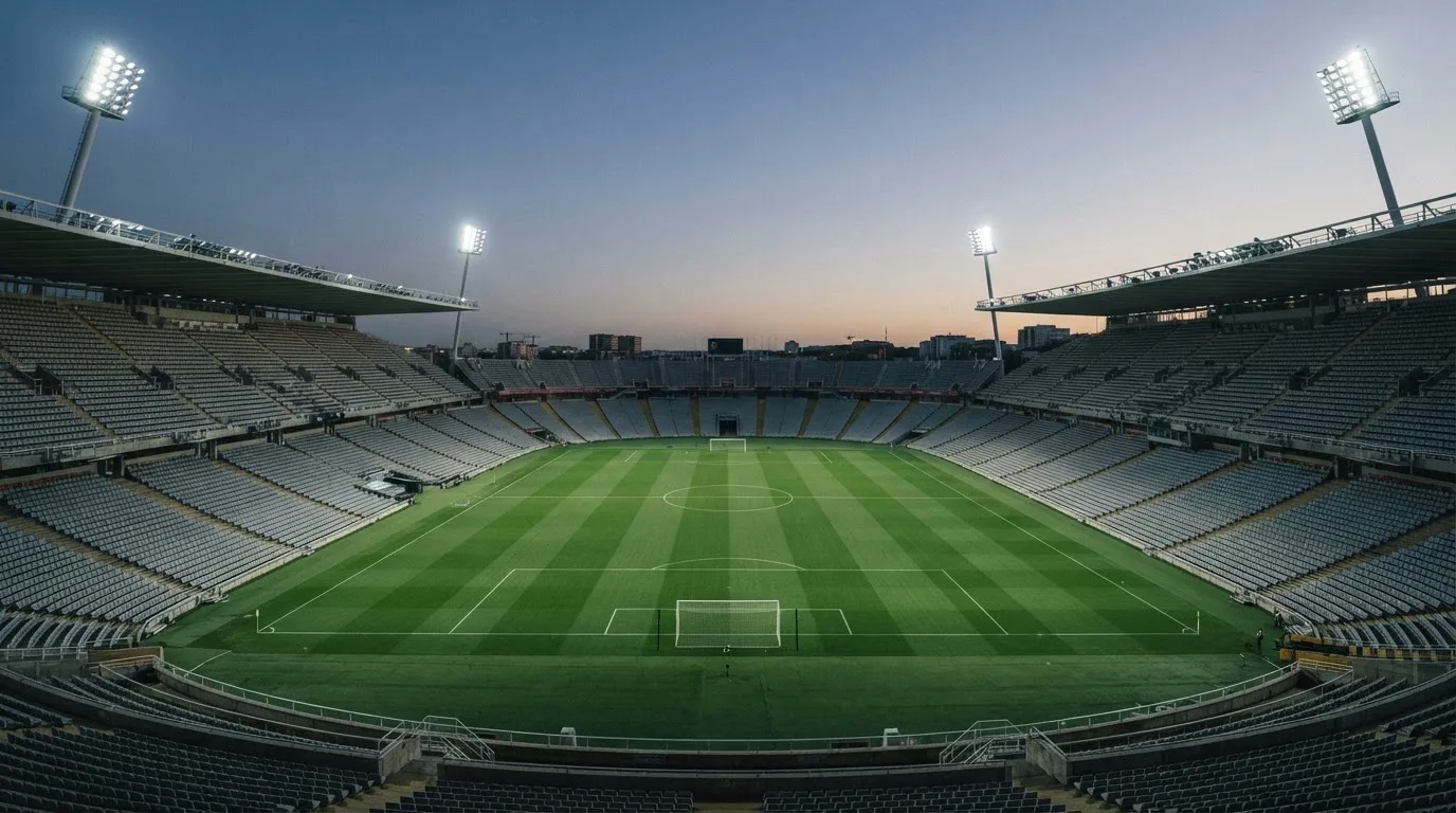 An empty football stadium with floodlight masts at dusk