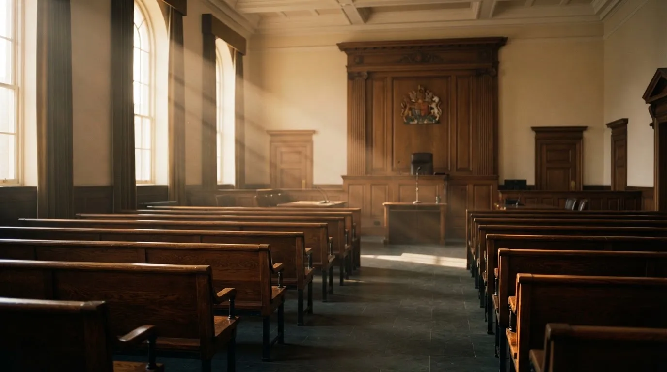 An empty courtroom with wooden benches in morning light
