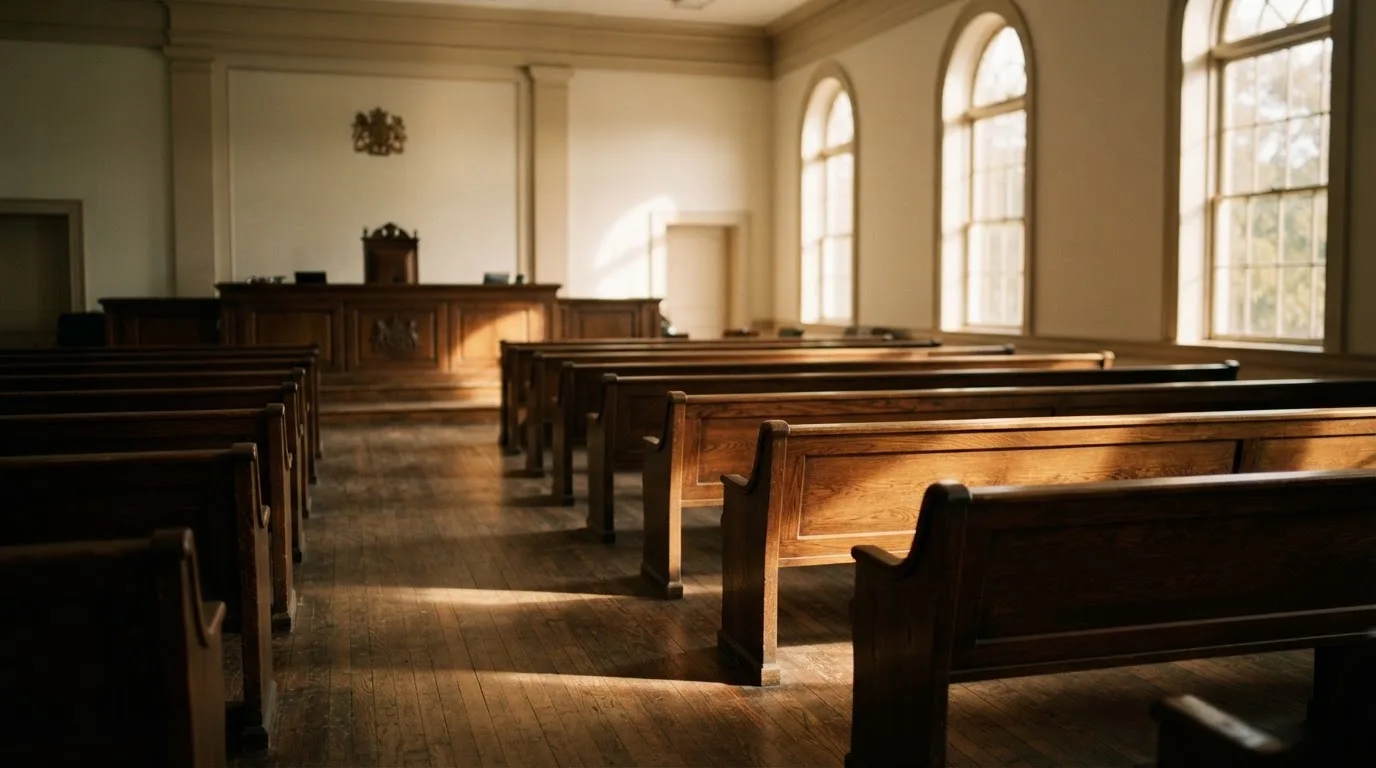 An empty courtroom with wooden benches in morning light
