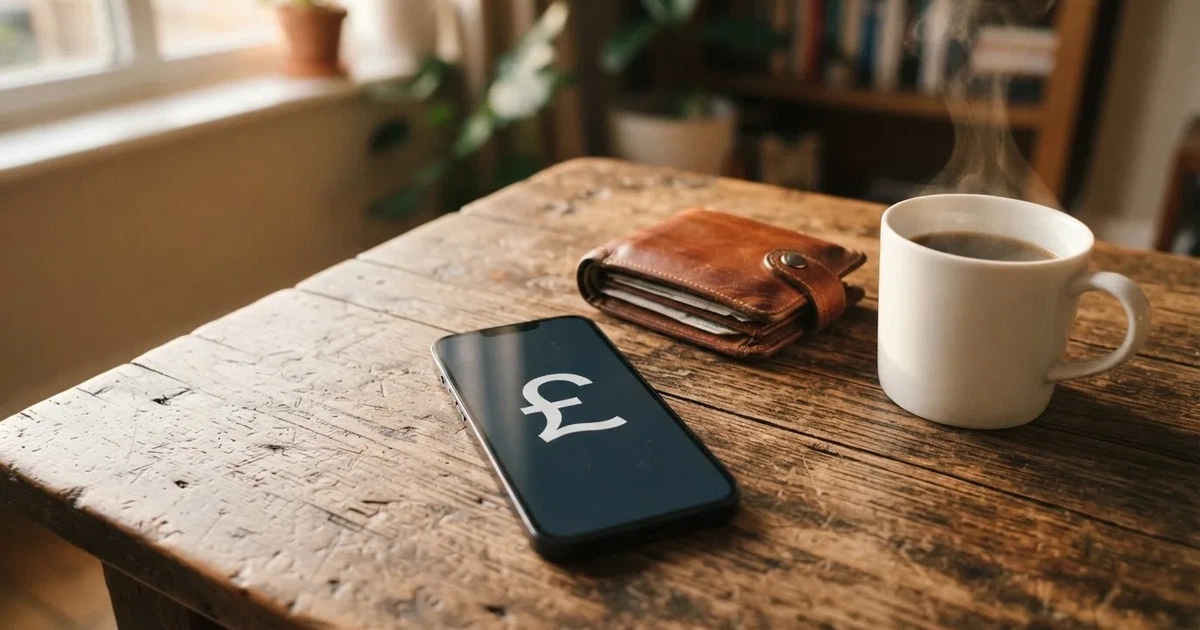 A smartphone on a wooden table beside a wallet and a coffee cup