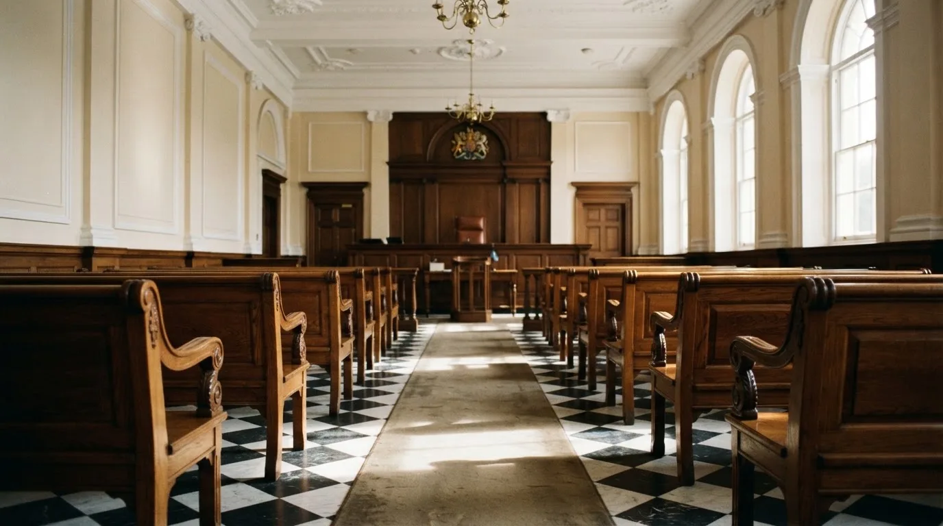 An empty courtroom with wooden benches in morning light