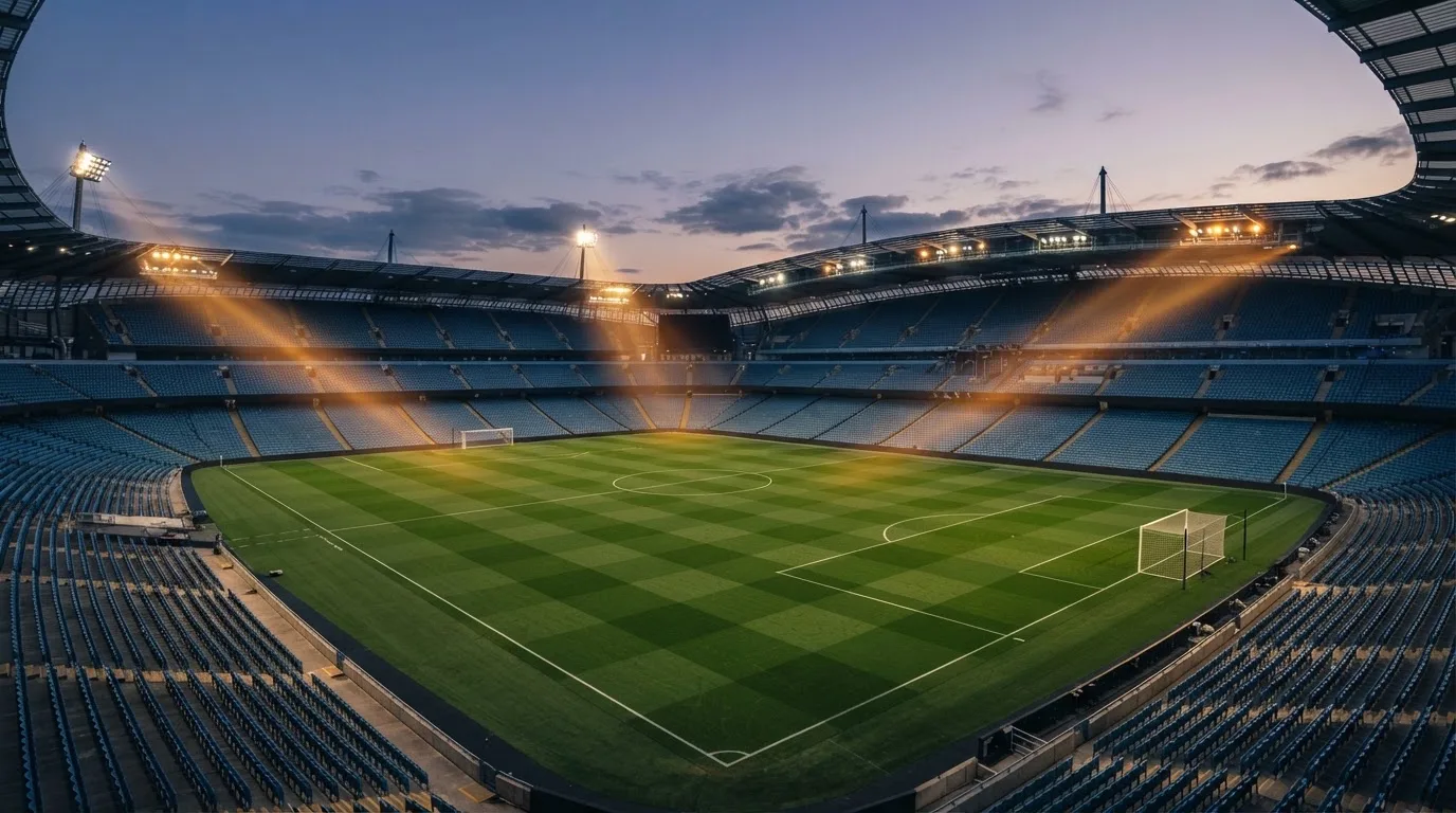 An empty football stadium with floodlight masts at dusk