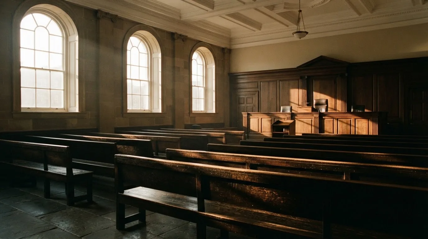 An empty courtroom with wooden benches in morning light