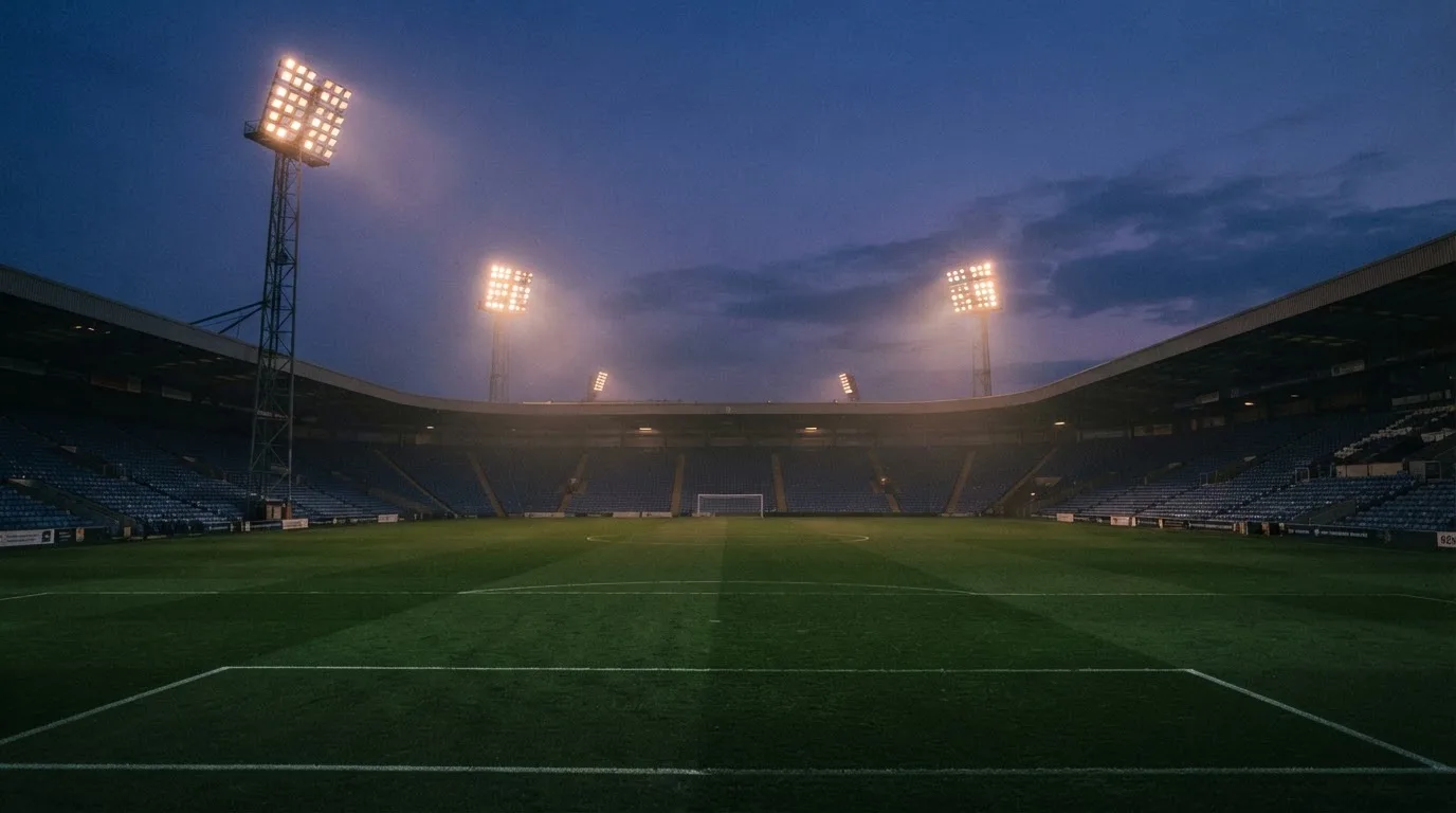 An empty football stadium with floodlight masts at dusk