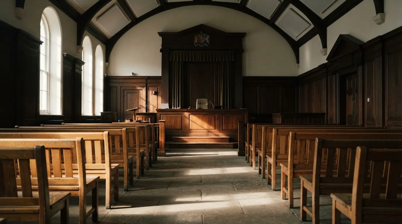 An empty courtroom with wooden benches in morning light