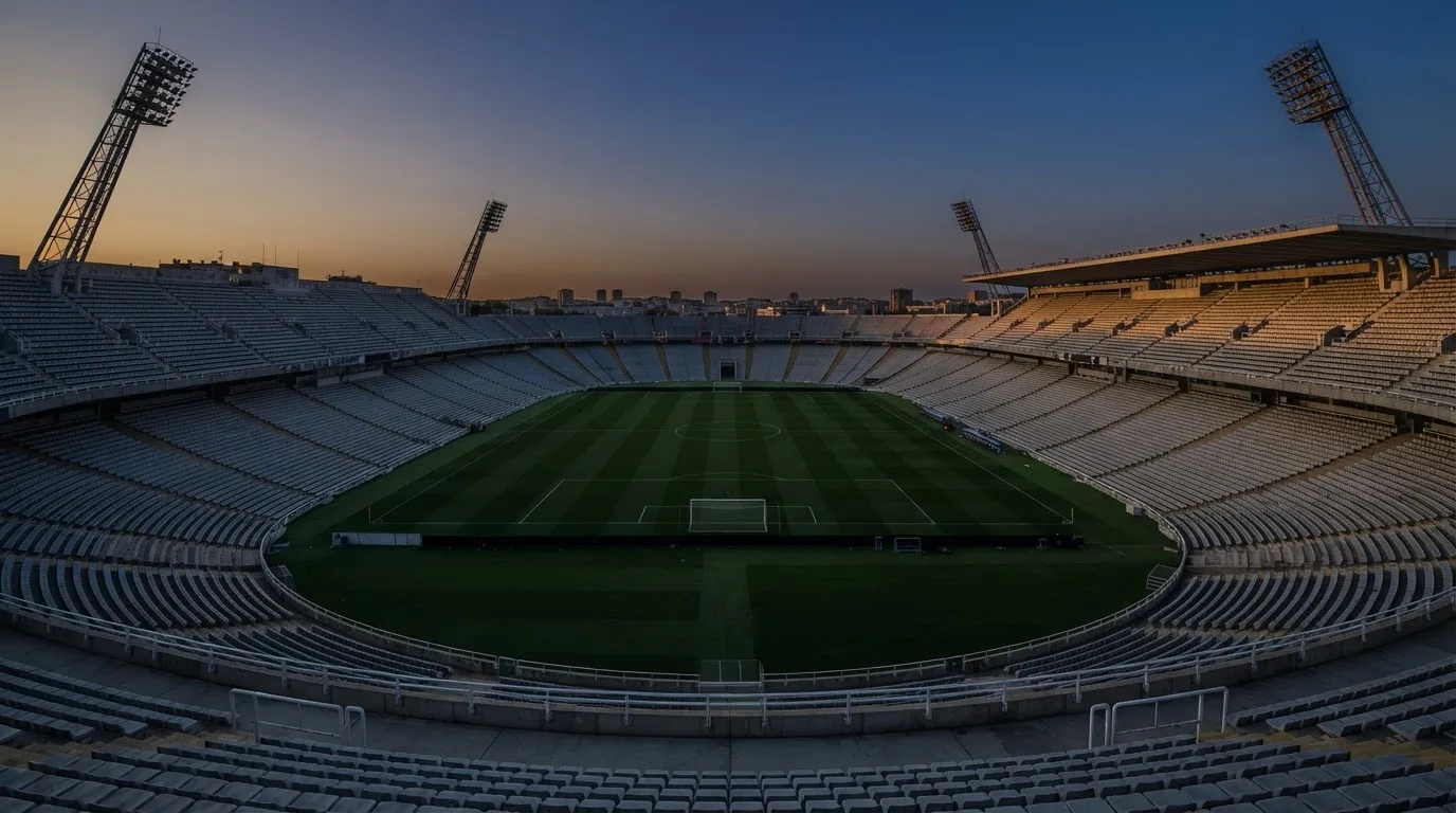 An empty football stadium with floodlight masts at dusk