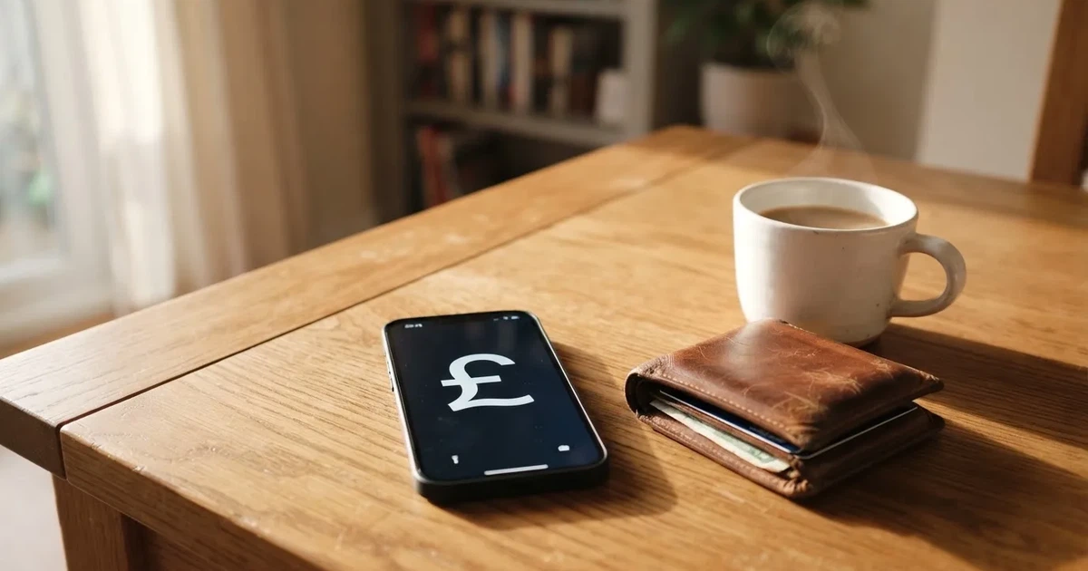 A smartphone on a wooden table beside a wallet and a coffee cup
