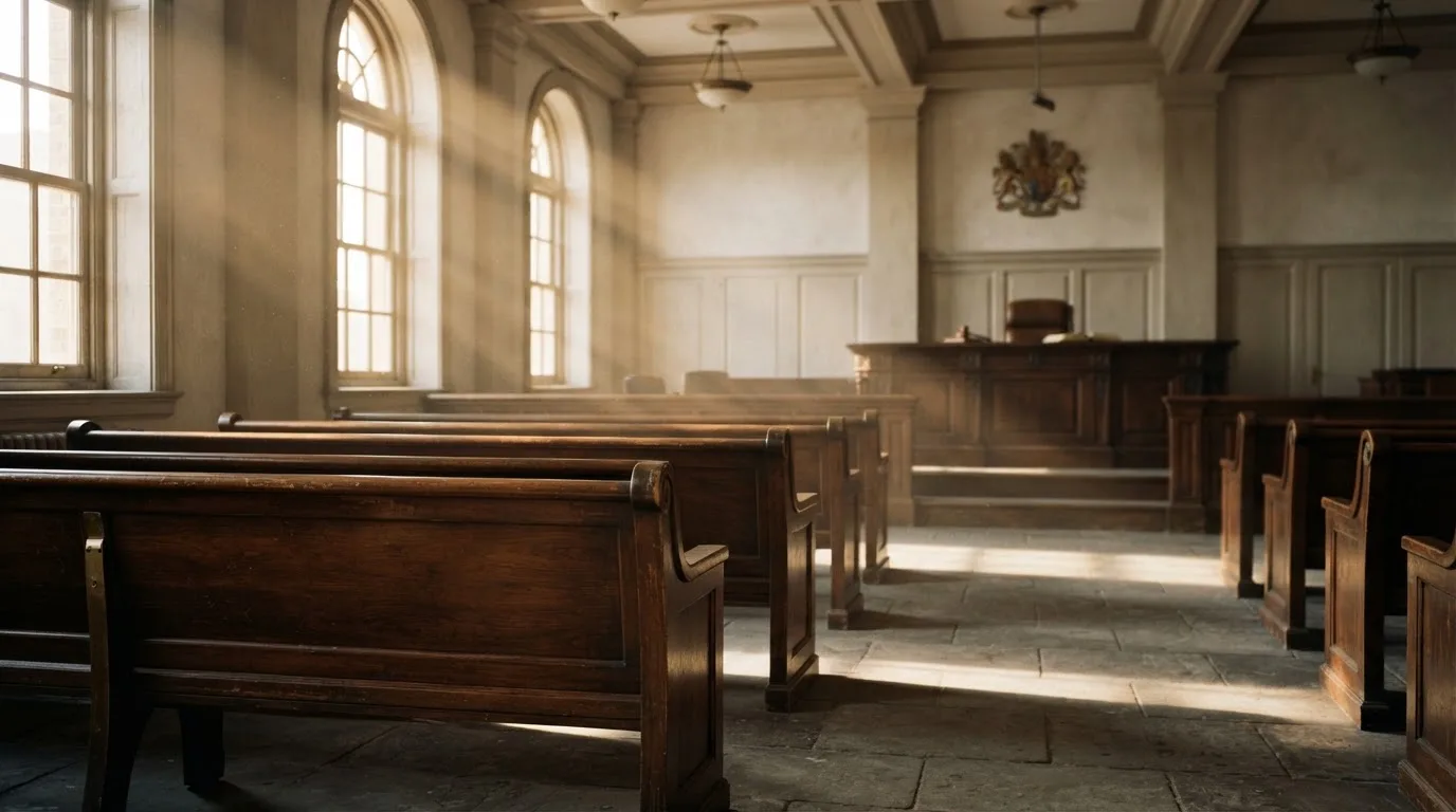 An empty courtroom with wooden benches in morning light
