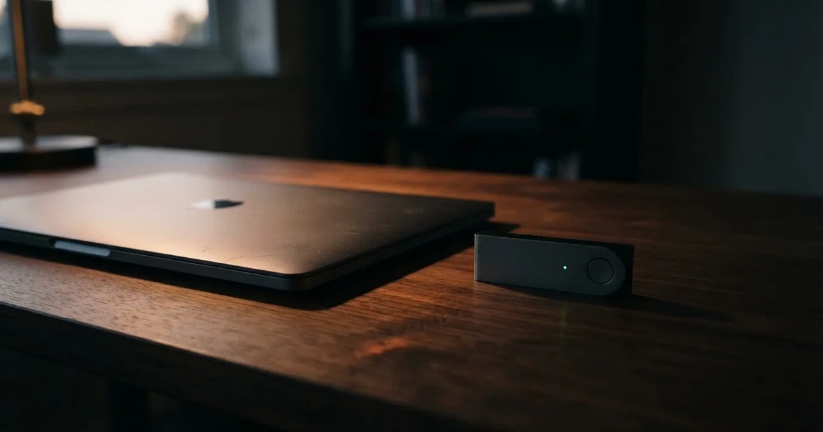 A hardware wallet and a closed laptop on a desk in dim light