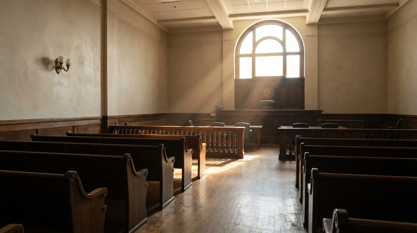 An empty courtroom with wooden benches in morning light