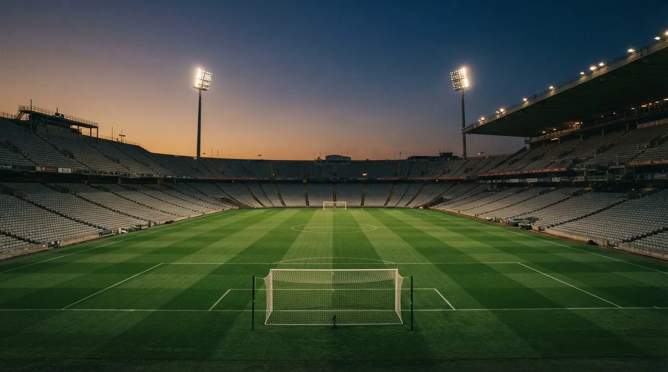 An empty football stadium with floodlight masts at dusk