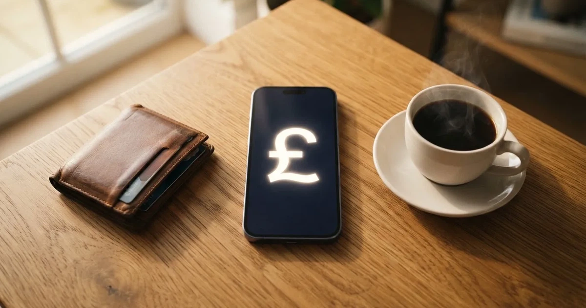 A smartphone on a wooden table beside a wallet and a coffee cup