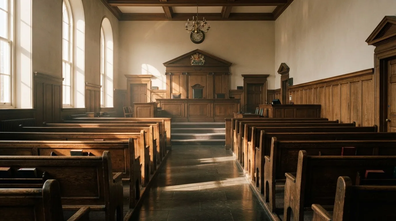 An empty courtroom with wooden benches in morning light