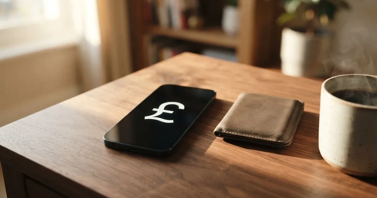 A smartphone on a wooden table beside a wallet and a coffee cup