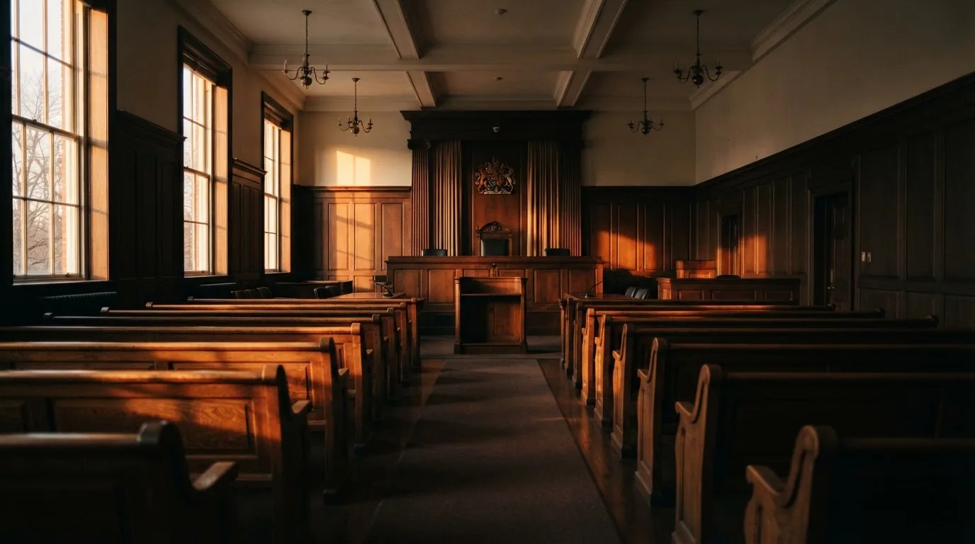 An empty courtroom with wooden benches in morning light