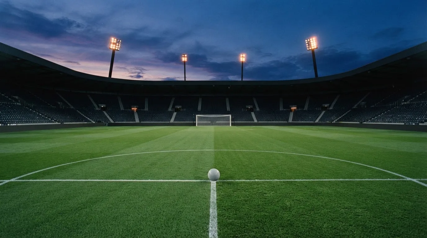 An empty football stadium with floodlight masts at dusk