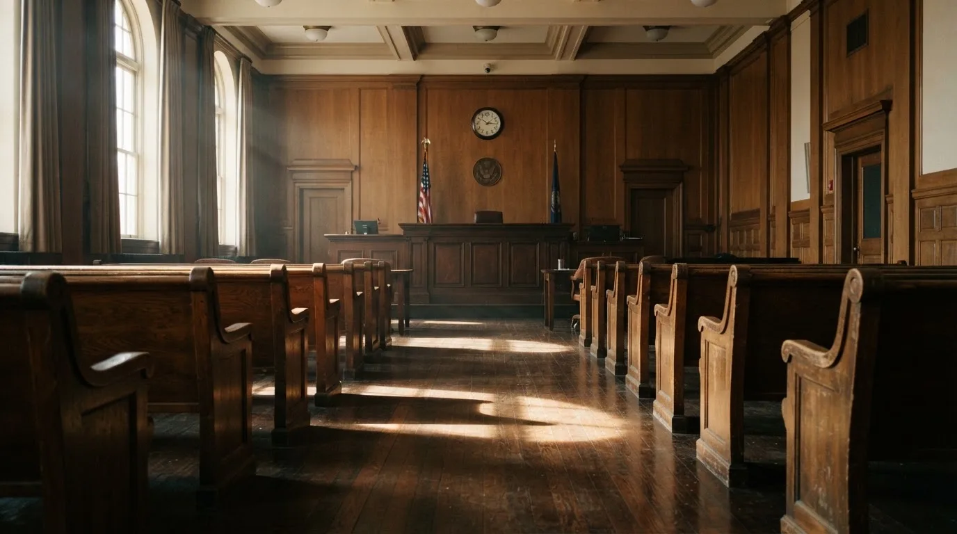 An empty courtroom with wooden benches in morning light
