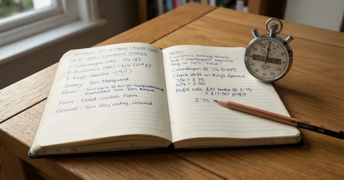 An open notebook with a pencil and a stopwatch on a wooden table