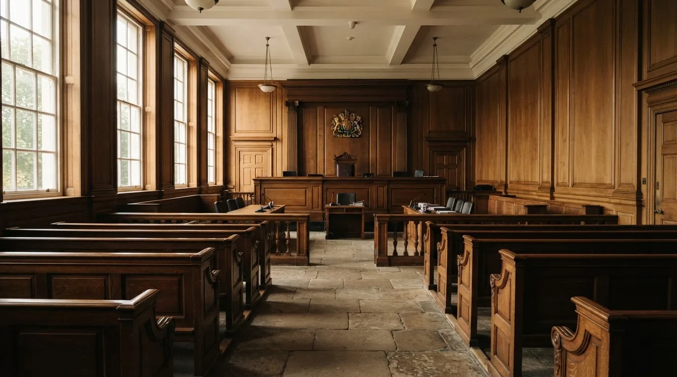 An empty courtroom with wooden benches in morning light