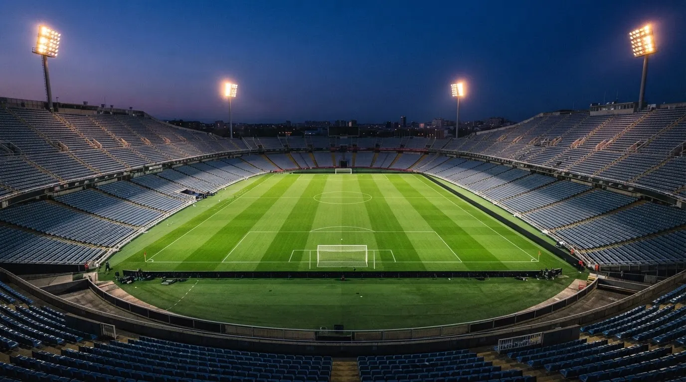 An empty football stadium with floodlight masts at dusk