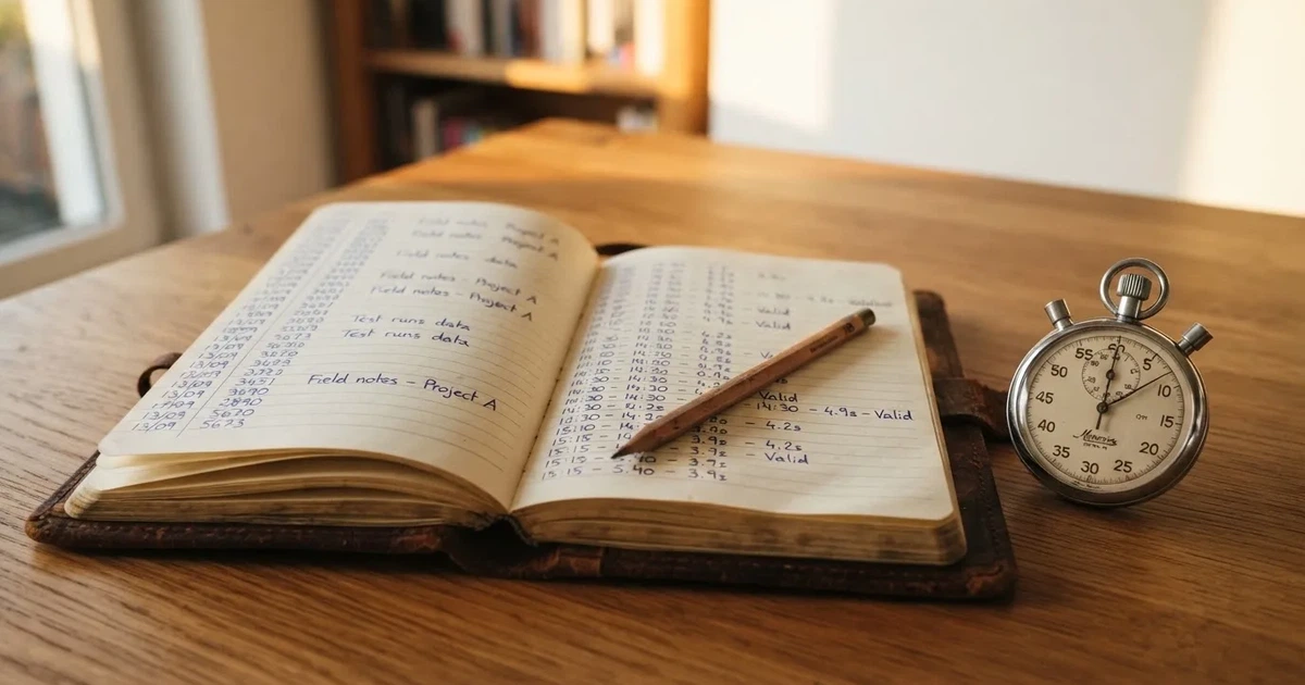 An open notebook with a pencil and a stopwatch on a wooden table