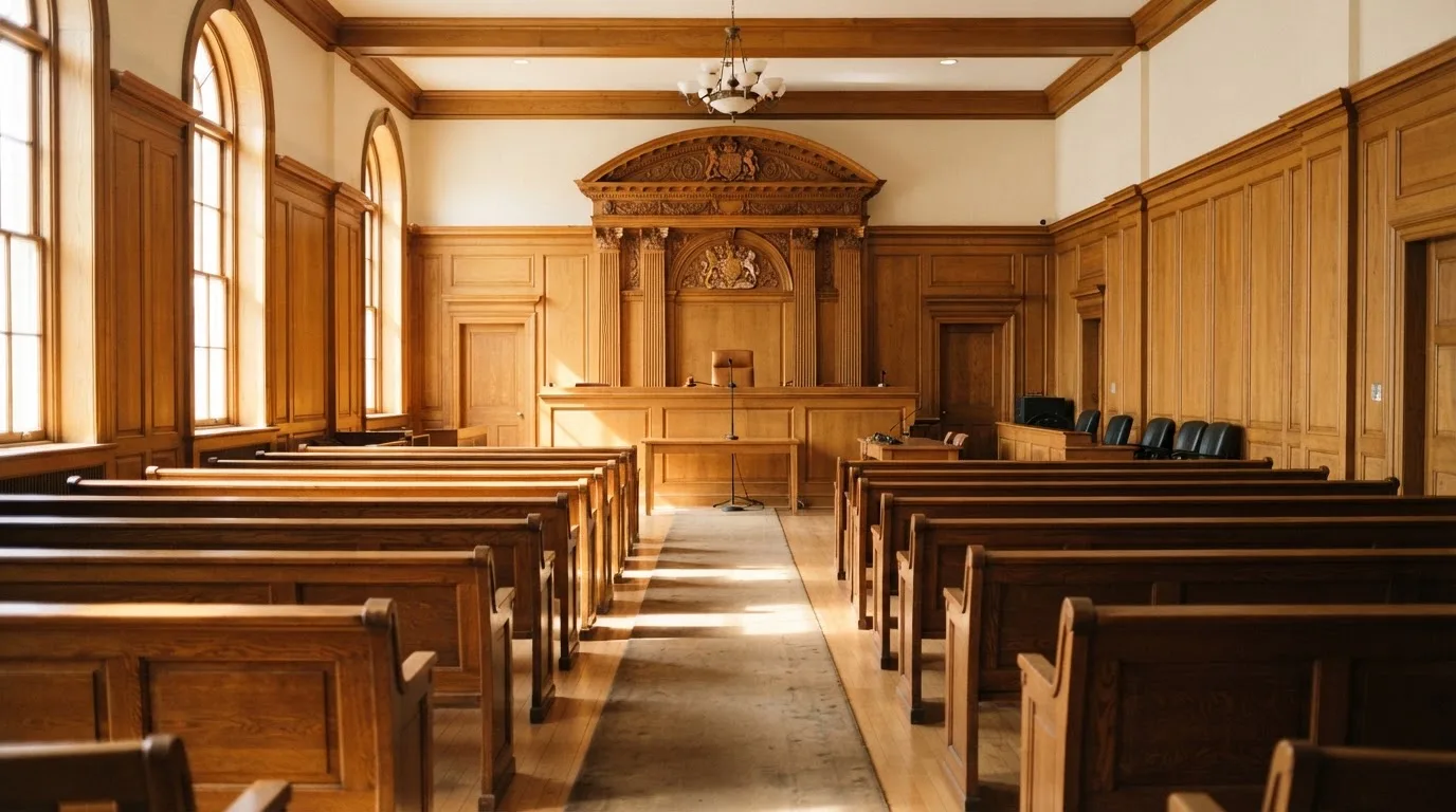 An empty courtroom with wooden benches in morning light