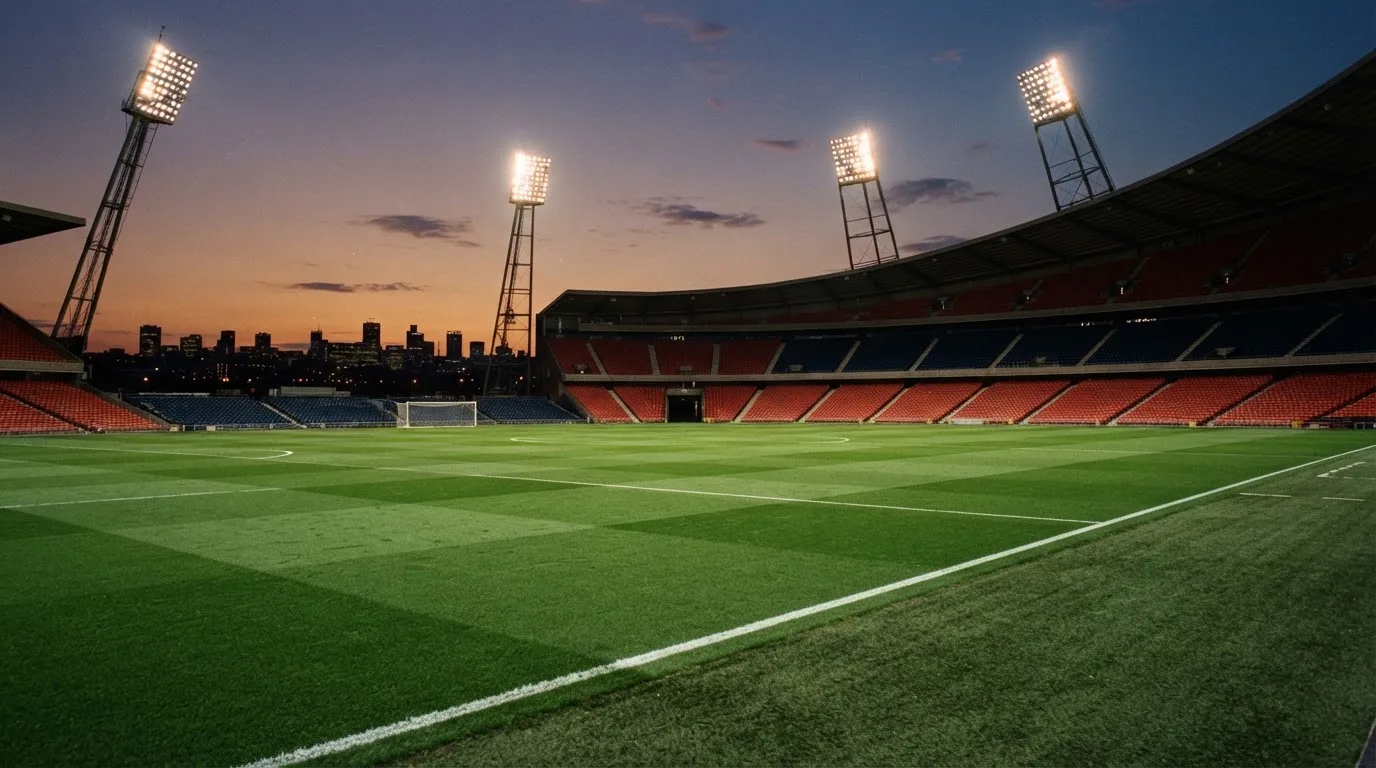 An empty football stadium with floodlight masts at dusk