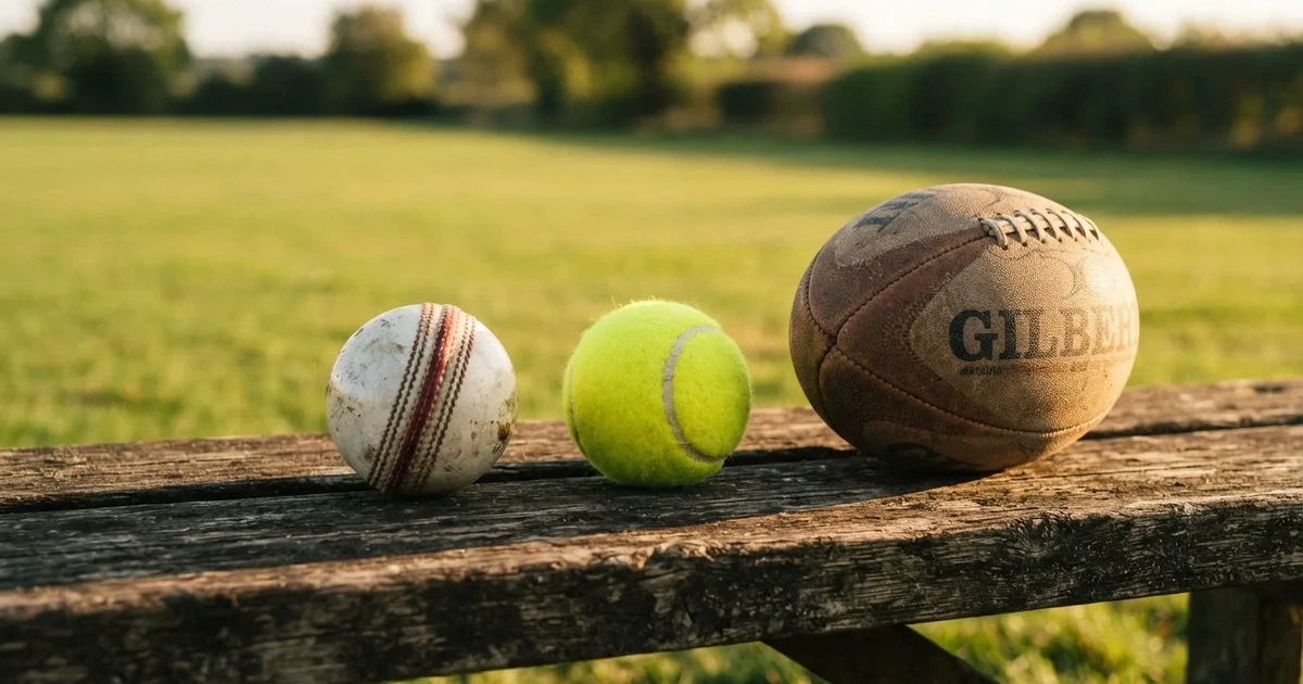 Three balls of different kinds side by side on a wooden bench