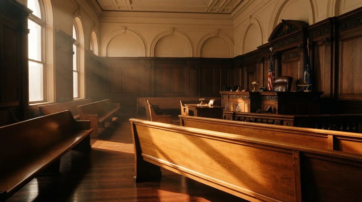 An empty courtroom with wooden benches in morning light